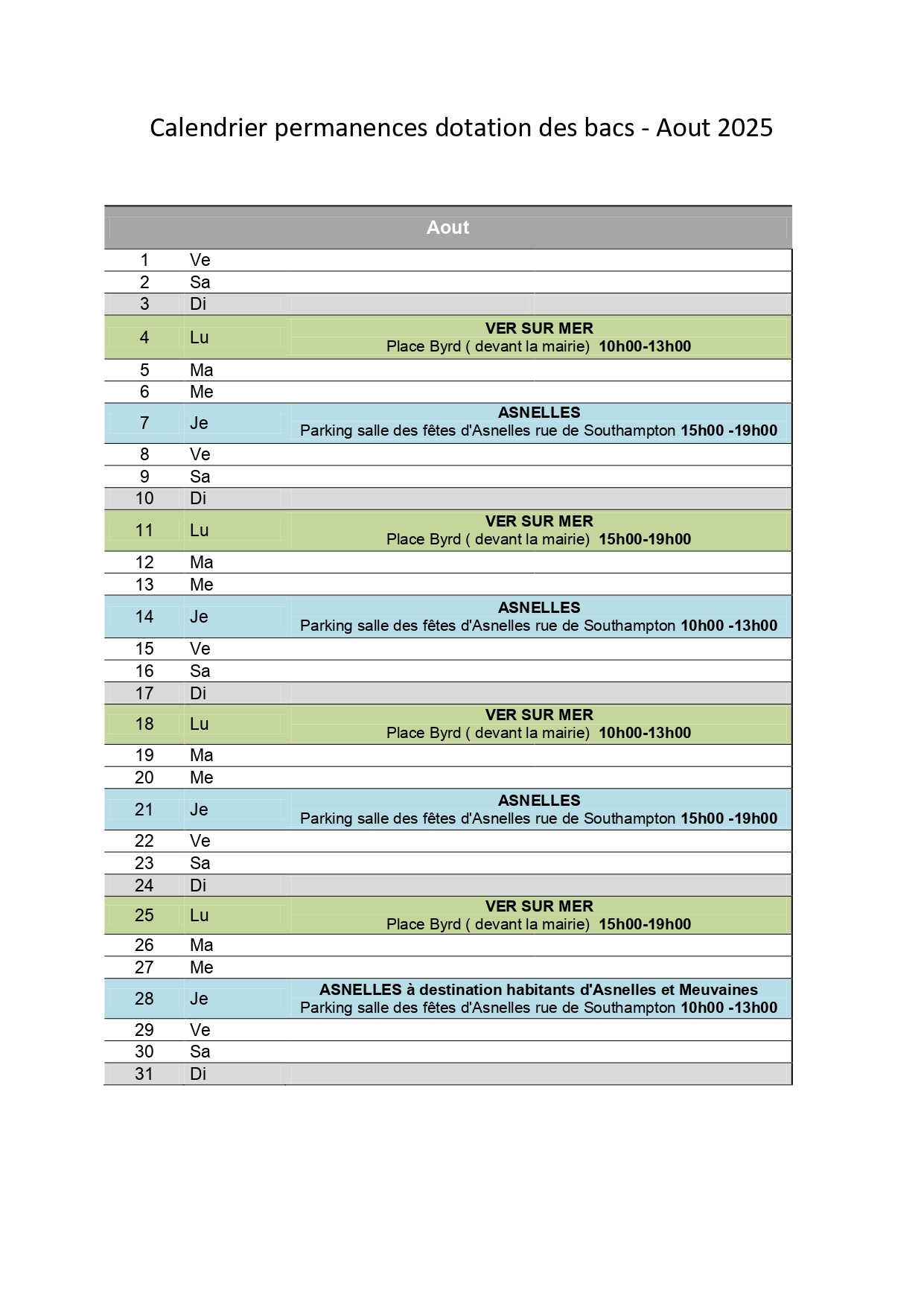 Calendrier dotation bacs